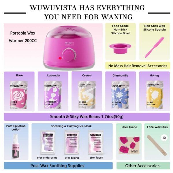 Waxing Kit WUWUVISTA 23 Items Hair Removal Wax Kit With Wax Warmer Waxing Beads Etc For Face, Brazilian, Full Body, Bikini, Sensitiive Skin - Image 4