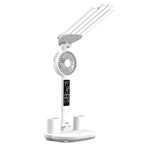 3in1 Multifunction Table Lamp LED Four-headed Folding With Fan Calendar Clock USB Rechargeable Desk Light 3 Color Reading Lamp - Image 3