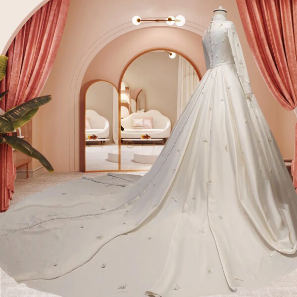 Women's Fashion Temperament Satin Stand-up Collar Long-sleeved Wedding Dresses - Image 5