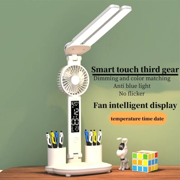 Foldable LED Table Light Eye Protection Multifunction Desk Lamp With Thermometer Calendar Fan Pen Holder Study Reading Fan Light - Image 9