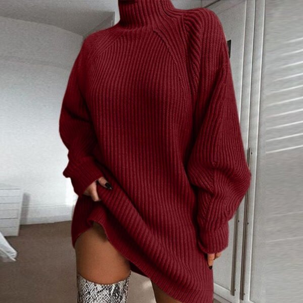 Solid Turtleneck Long Sweater Winter Warm Women Sweater Dress - Image 3