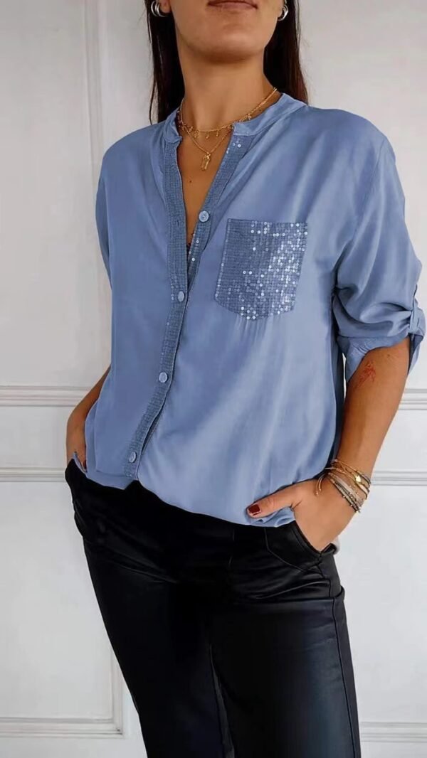 Casual Button-down Long Sleeve Shirt With Sequin Pocket Design Fashion Commuter Top Women Clothing - Image 7