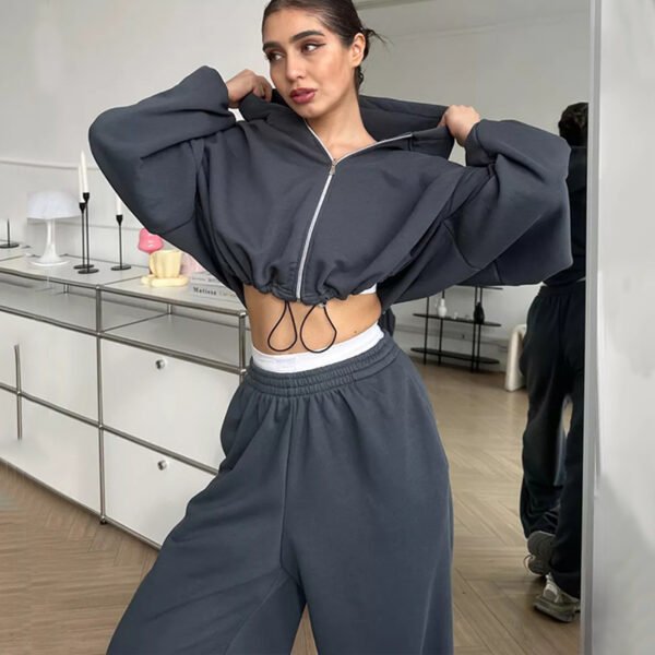 Women's Casual Solid Color Long Sleeve Zipper Sweatshirt Sweatpants Two-piece Set - Image 2