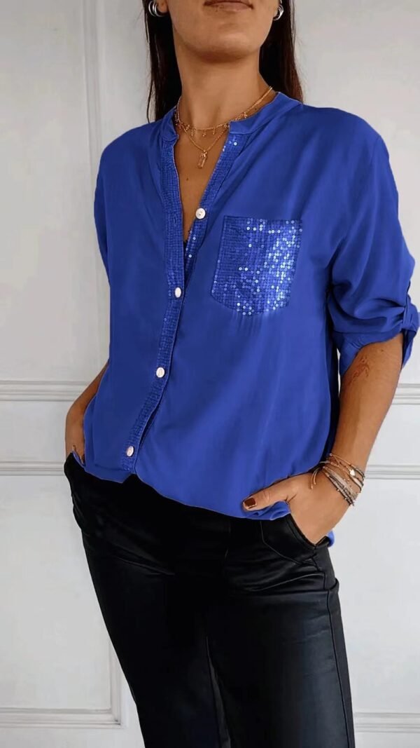 Casual Button-down Long Sleeve Shirt With Sequin Pocket Design Fashion Commuter Top Women Clothing - Image 3