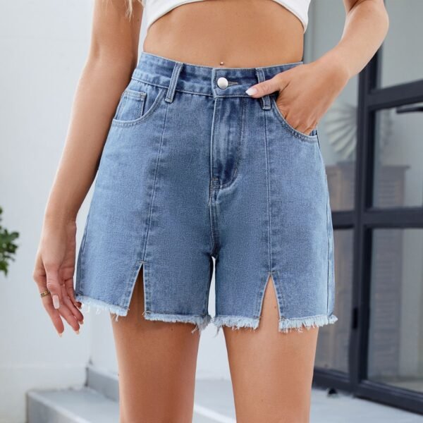 Women's Washed Denim Shorts Frayed Hem Split Hot Pants - Image 3