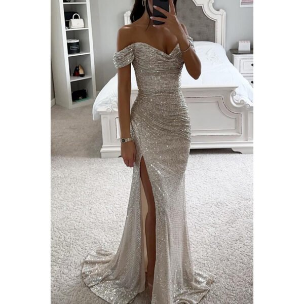 Party Sequins Off-neck Split Dress INS Casual Fashion Dress Women - Image 3
