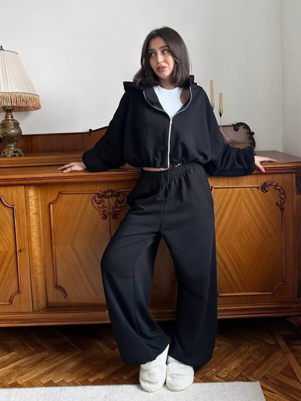 Women's Casual Solid Color Long Sleeve Zipper Sweatshirt Sweatpants Two-piece Set - Image 6