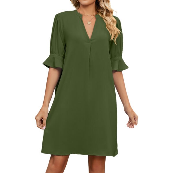 European American Summer New Solid Color And V-neck Loose Pleated Half-length Sleeve Dress - Image 7
