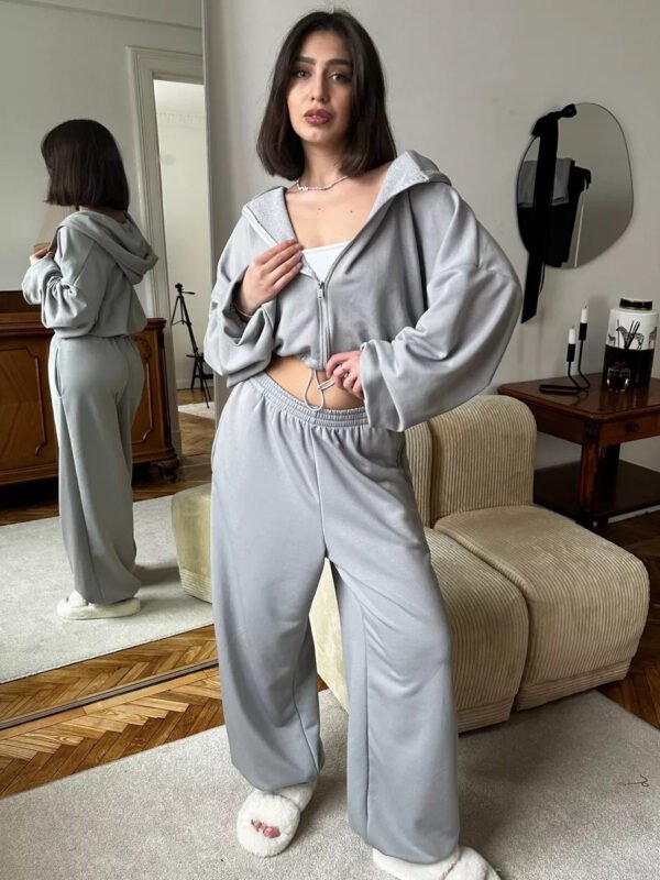 Women's Casual Solid Color Long Sleeve Zipper Sweatshirt Sweatpants Two-piece Set - Image 5