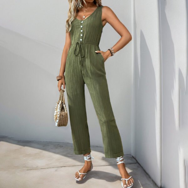 V-neck Sleeveless Jumpsuit With Belt And Pockets Summer Fashion Beach Pants Women's Clothing - Image 2