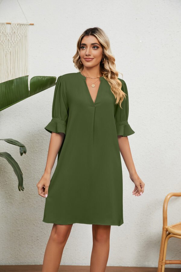 European American Summer New Solid Color And V-neck Loose Pleated Half-length Sleeve Dress - Image 6
