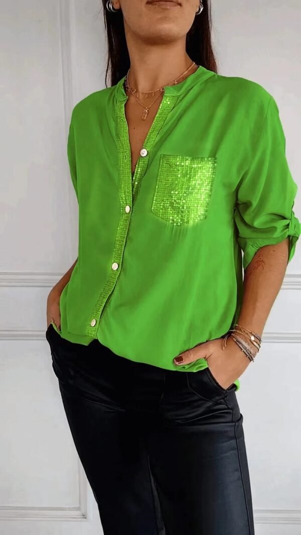 Casual Button-down Long Sleeve Shirt With Sequin Pocket Design Fashion Commuter Top Women Clothing - Image 5