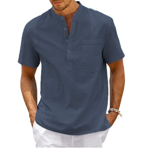 Men's Plus Size Solid Color Stand Up Collar Short Sleeved Shirt - Image 8