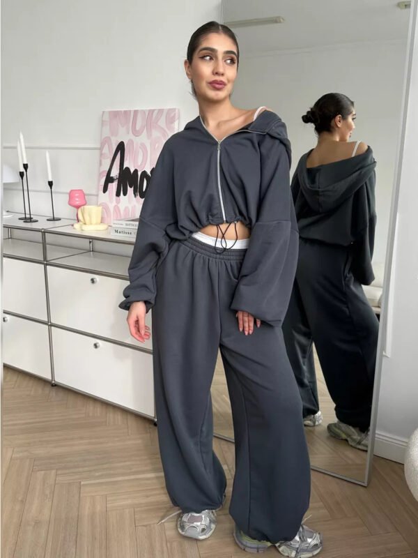 Women's Casual Solid Color Long Sleeve Zipper Sweatshirt Sweatpants Two-piece Set - Image 4