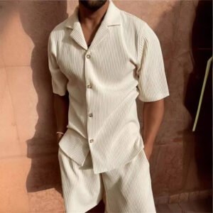 Corduroy Casual Polo Collar Sports Men's Solid Color T-shirt Shorts Set