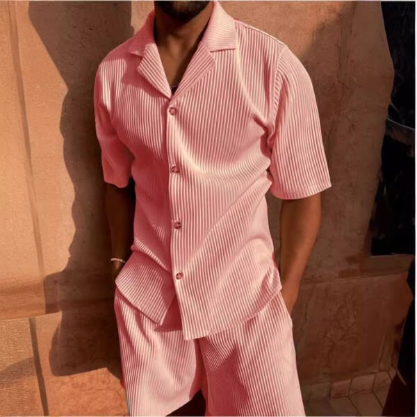 Corduroy Casual Polo Collar Sports Men's Solid Color T-shirt Shorts Set - Image 6