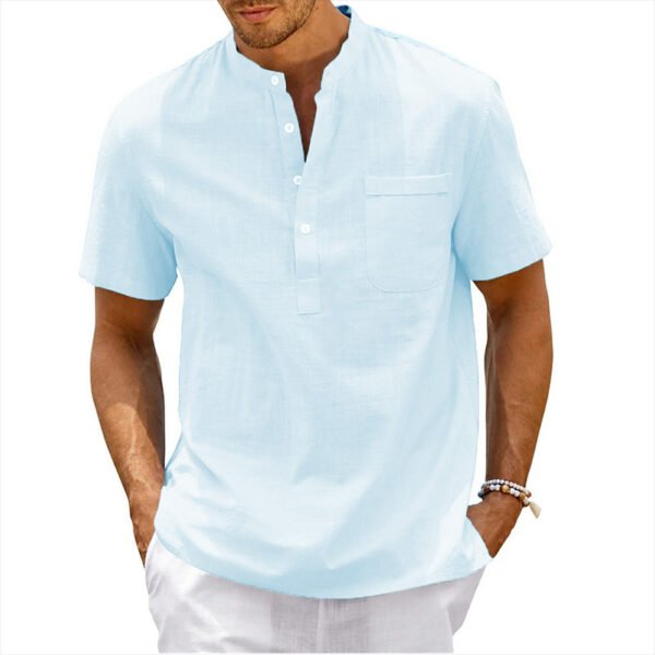 Men's Plus Size Solid Color Stand Up Collar Short Sleeved Shirt - Image 4