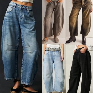 High Stretch Mid-Rise Barrel Jeans Fashion Wide Leg Shape Women Casual Baggy Mid Waist Denim Jeans