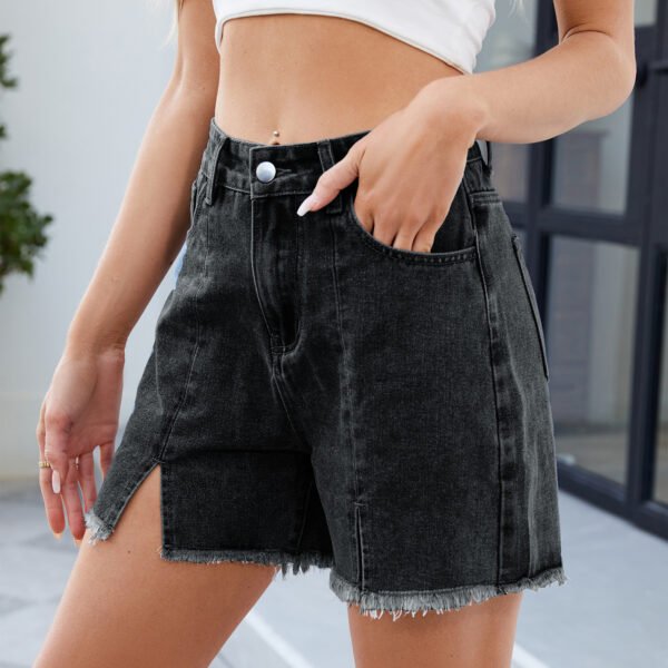 Women's Washed Denim Shorts Frayed Hem Split Hot Pants - Image 4