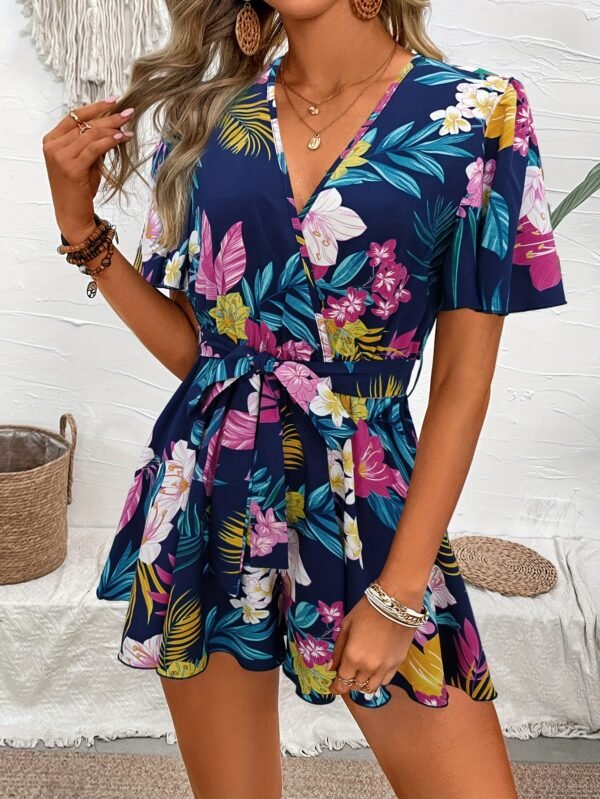 Beach Vacation Ruffle Sleeve Short Culottes Printed Jumpsuit - Image 8
