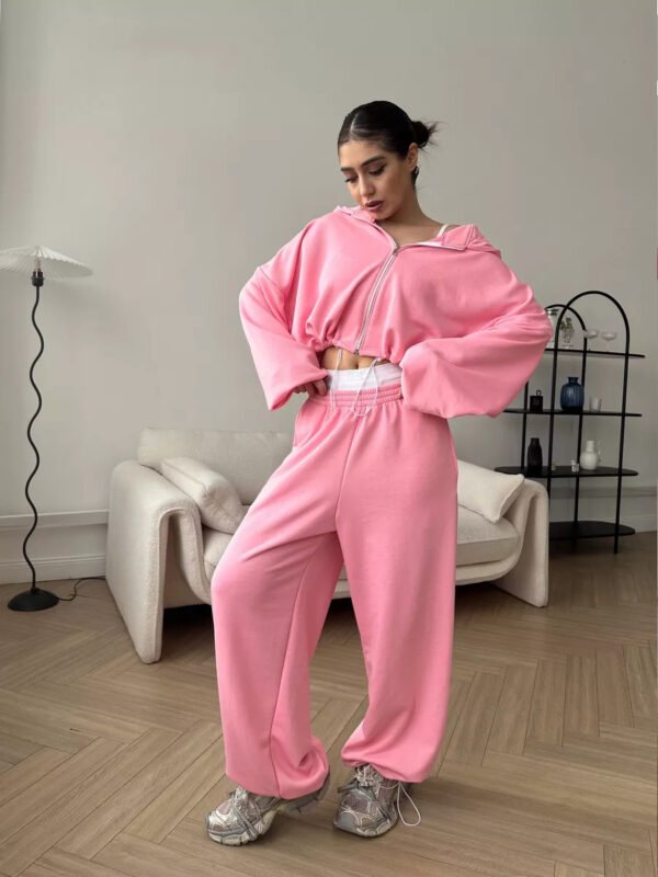 Women's Casual Solid Color Long Sleeve Zipper Sweatshirt Sweatpants Two-piece Set - Image 3