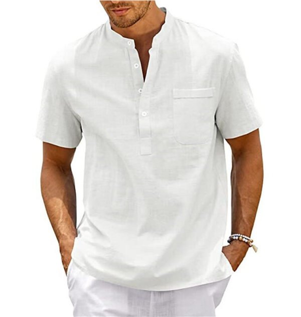 Men's Plus Size Solid Color Stand Up Collar Short Sleeved Shirt - Image 2