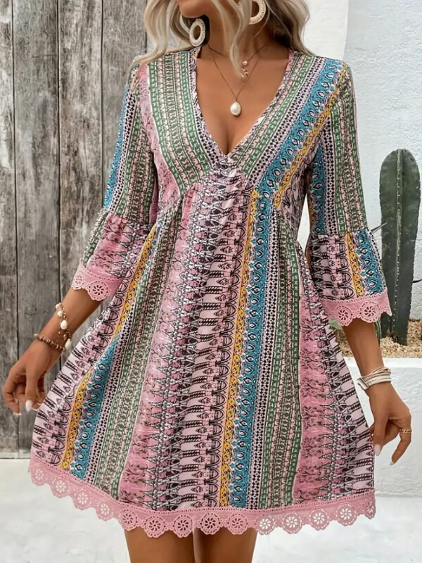 Bohemian Style V-neck Printed Dress Fashion Casual Loose Beach Dresses For Women - Image 9