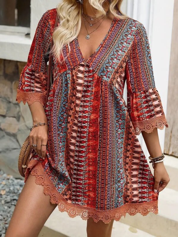 Bohemian Style V-neck Printed Dress Fashion Casual Loose Beach Dresses For Women - Image 5