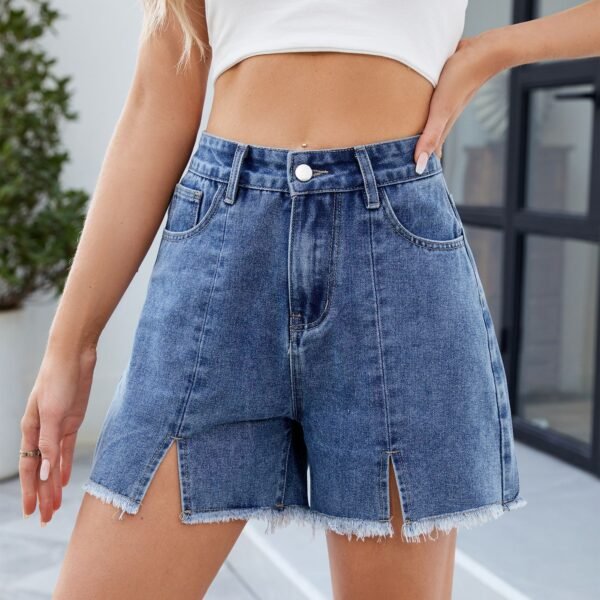 Women's Washed Denim Shorts Frayed Hem Split Hot Pants - Image 7