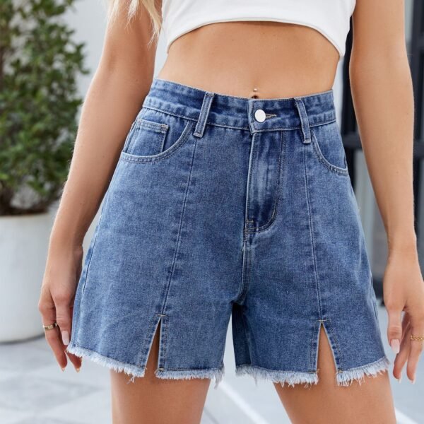 Women's Washed Denim Shorts Frayed Hem Split Hot Pants - Image 2