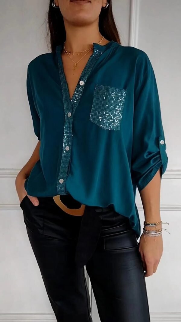 Casual Button-down Long Sleeve Shirt With Sequin Pocket Design Fashion Commuter Top Women Clothing - Image 6
