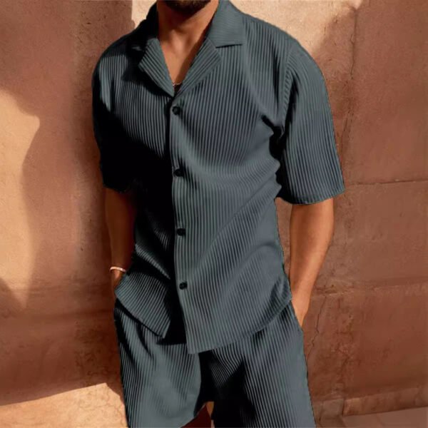 Corduroy Casual Polo Collar Sports Men's Solid Color T-shirt Shorts Set - Image 4