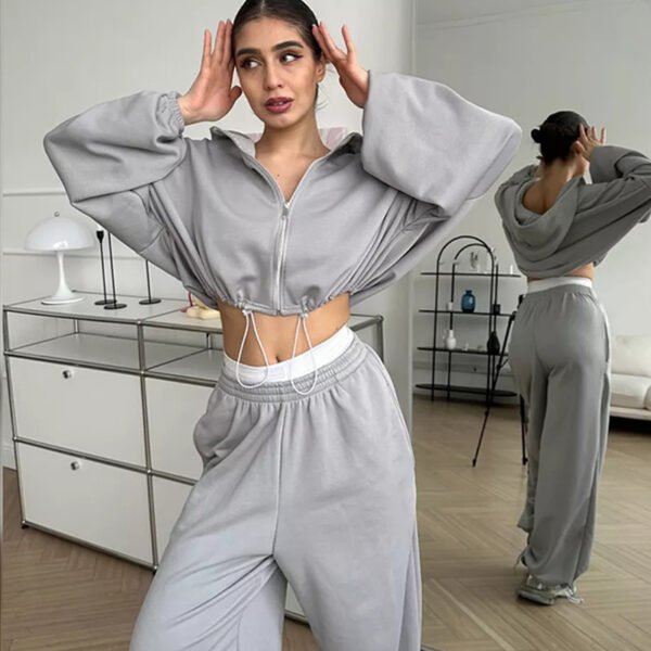 Women's Casual Solid Color Long Sleeve Zipper Sweatshirt Sweatpants Two-piece Set - Image 7