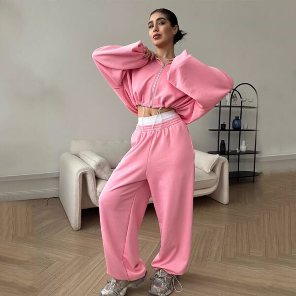 Women's Casual Solid Color Long Sleeve Zipper Sweatshirt Sweatpants Two-piece Set - Image 9