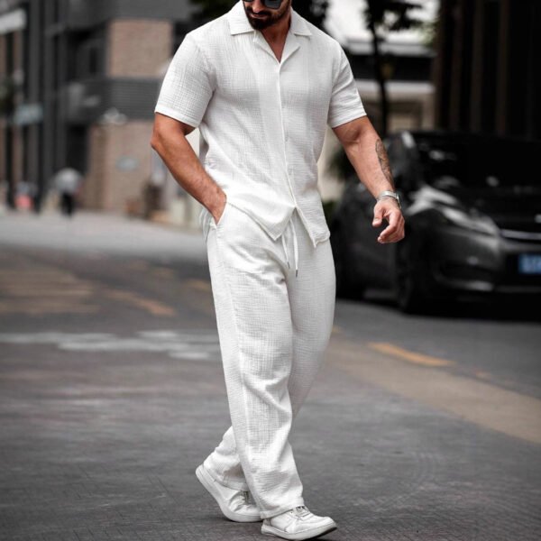Polo Collar Solid Color Short Sleeve Button Trousers Men's Casual Shirt Outfit - Image 5