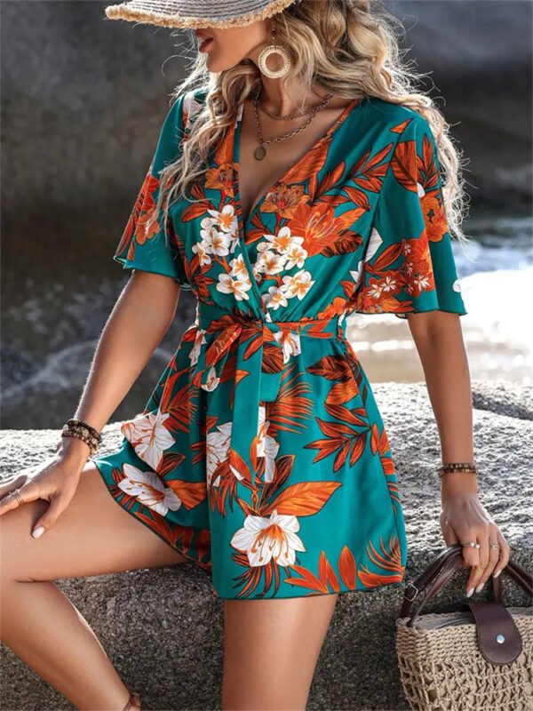 Beach Vacation Ruffle Sleeve Short Culottes Printed Jumpsuit - Image 6