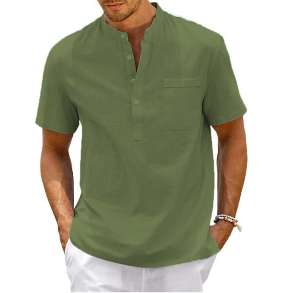 Men's Plus Size Solid Color Stand Up Collar Short Sleeved Shirt - Image 3