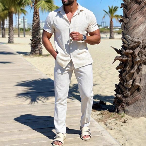 Polo Collar Solid Color Short Sleeve Button Trousers Men's Casual Shirt Outfit - Image 2
