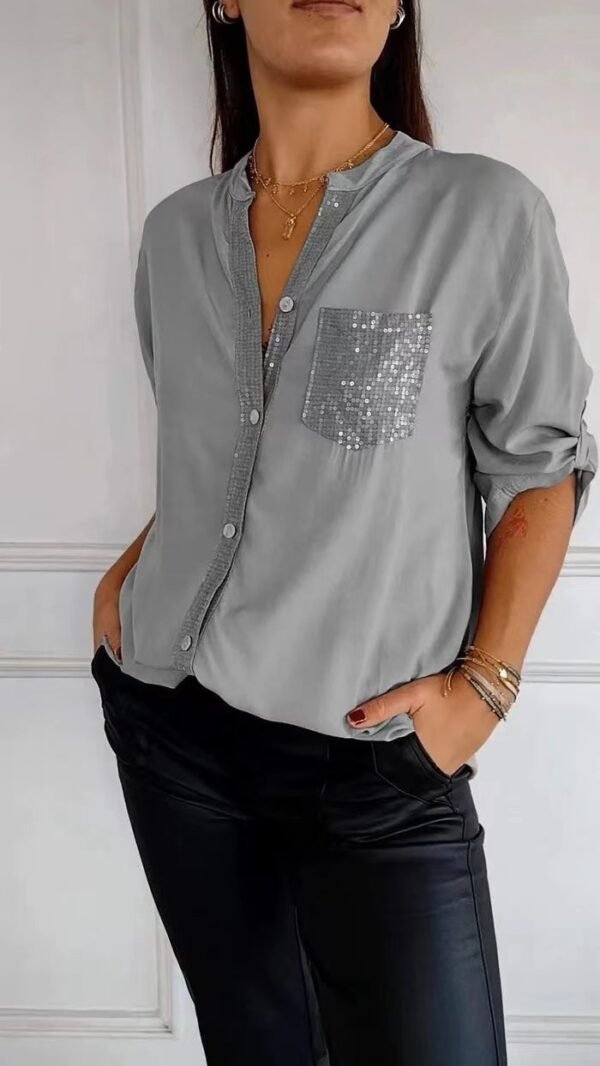 Casual Button-down Long Sleeve Shirt With Sequin Pocket Design Fashion Commuter Top Women Clothing - Image 2
