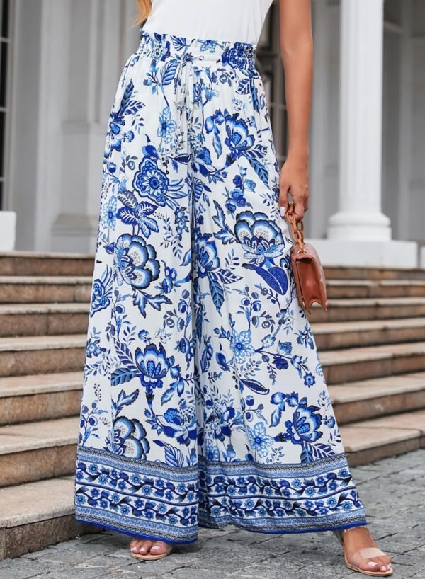 Flowers Printed Wide-leg Trousers Summer Casual Straight Pnats For Women Beach Clothing - Image 10