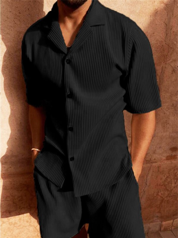 Corduroy Casual Polo Collar Sports Men's Solid Color T-shirt Shorts Set - Image 3