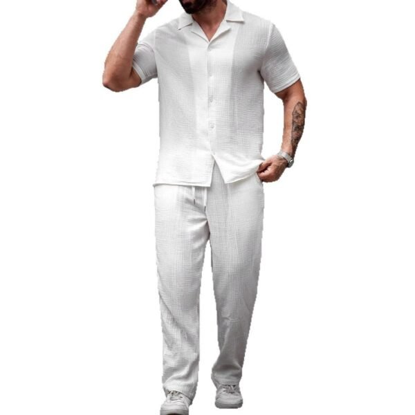 Polo Collar Solid Color Short Sleeve Button Trousers Men's Casual Shirt Outfit - Image 3