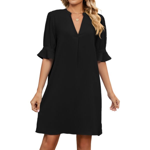 European American Summer New Solid Color And V-neck Loose Pleated Half-length Sleeve Dress - Image 4