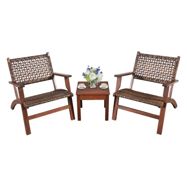 3 Pieces Outdoor Wooden Patio Rattan Furniture Set - Image 3