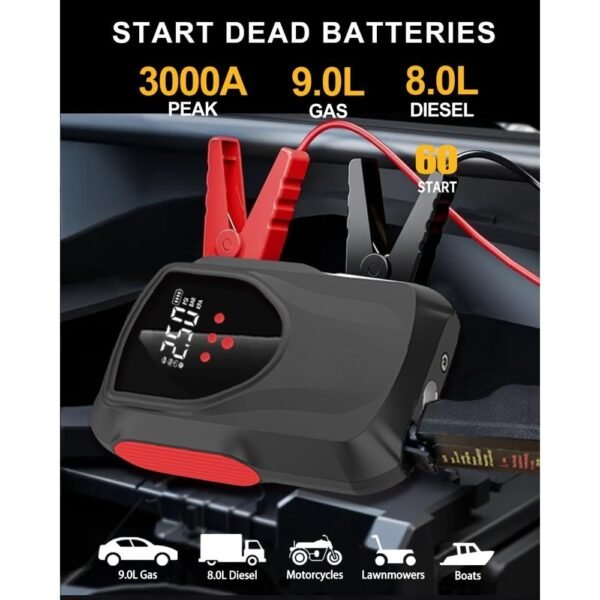 Car Battery Starter With Air Compressor, 3000A 150PSI Portable Car Battery Starter12V Battery Charger Booster Box Car With LCD Display, LED Light, USB QC3.0 - Image 7