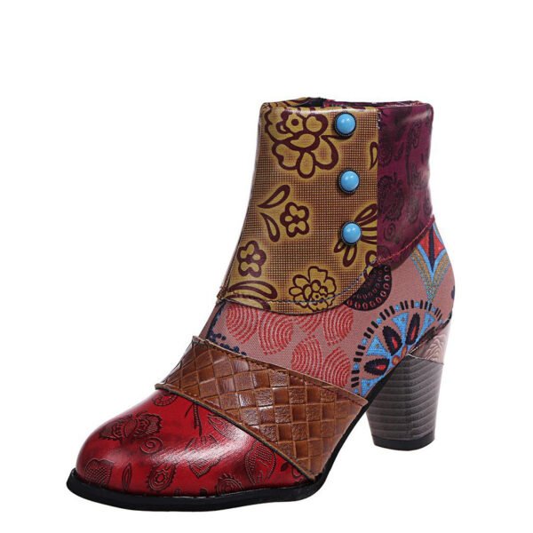 Bohemian Women's Ethnic Style Retro Stitching High-heeled Ankle Boots - Image 4
