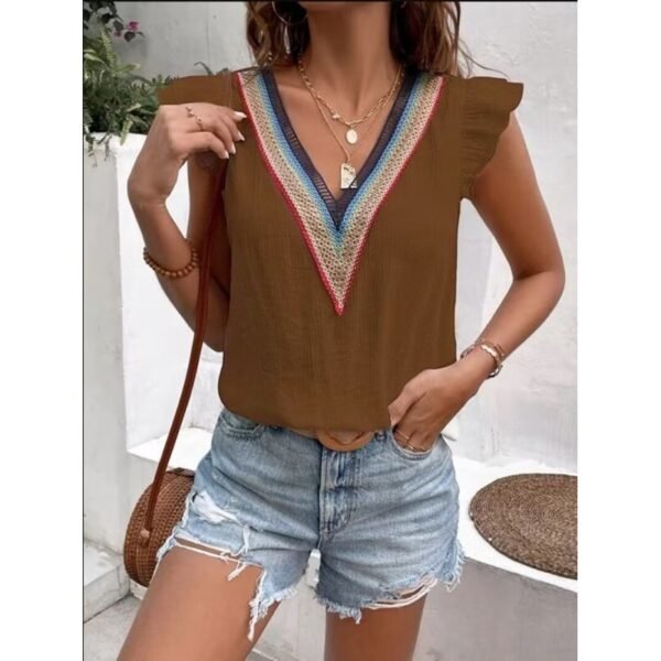 Vintage Shirt Women's Deep V Lace Hollow-out Short-sleeved Top - Image 7