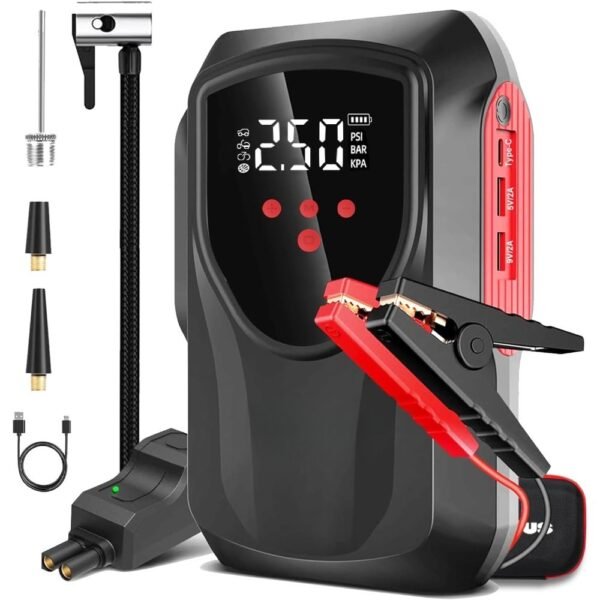 Car Battery Starter With Air Compressor, 3000A 150PSI Portable Car Battery Starter12V Battery Charger Booster Box Car With LCD Display, LED Light, USB QC3.0