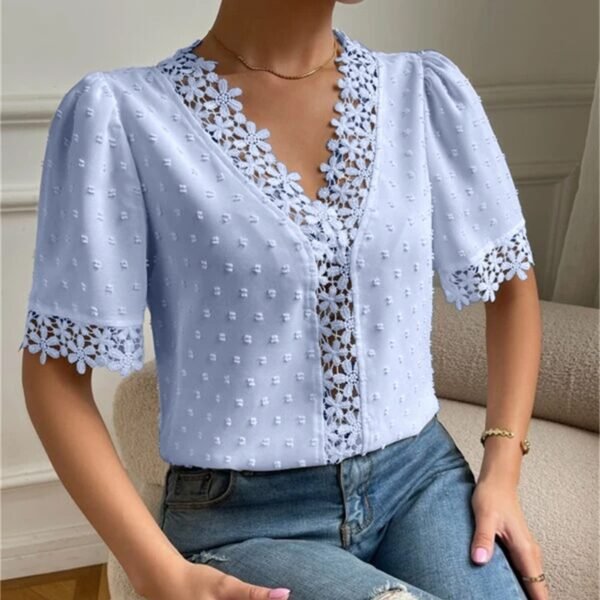 Floral Lace Short Sleeve Shirt Summer Fashion V-Neck Tops Women's Clothing - Image 6