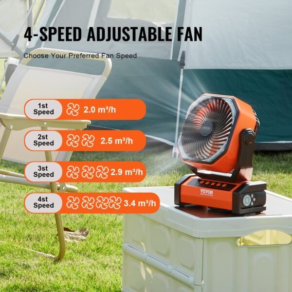 VEVOR Portable Fan Rechargeable 9 Inch, Battery Powered Fan With LED Lantern, 4 Speeds Adjustable  Automatic Swivel & Timer , USB Battery Operated Fans For Travel Bedroom Home Camping Office - Image 6